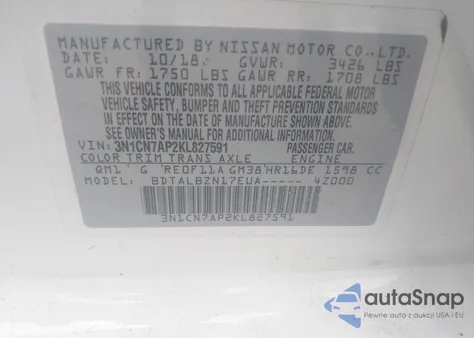 2019 Nissan Versa 1.6 Sv z USA, uszkodzony, nr VIN 3N1CN7AP2KL827591